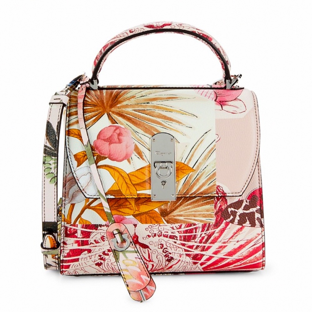 SALVATORE FERRAGAMO GANCINI STUDIO FLORAL PRINT LEATHER TOP HANDLE/XBDY BAG